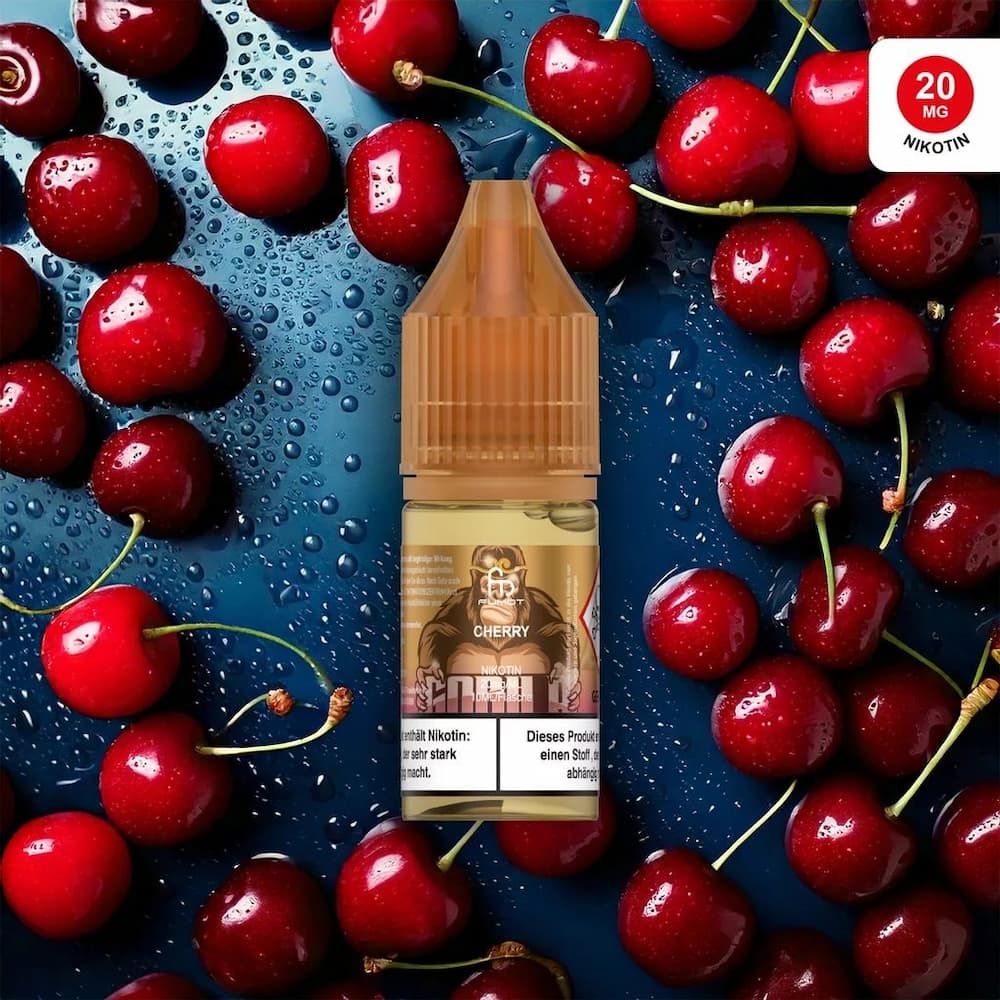 RandM Liquid Flasche Cherry mit Kirschen im Hintergrund 10ml