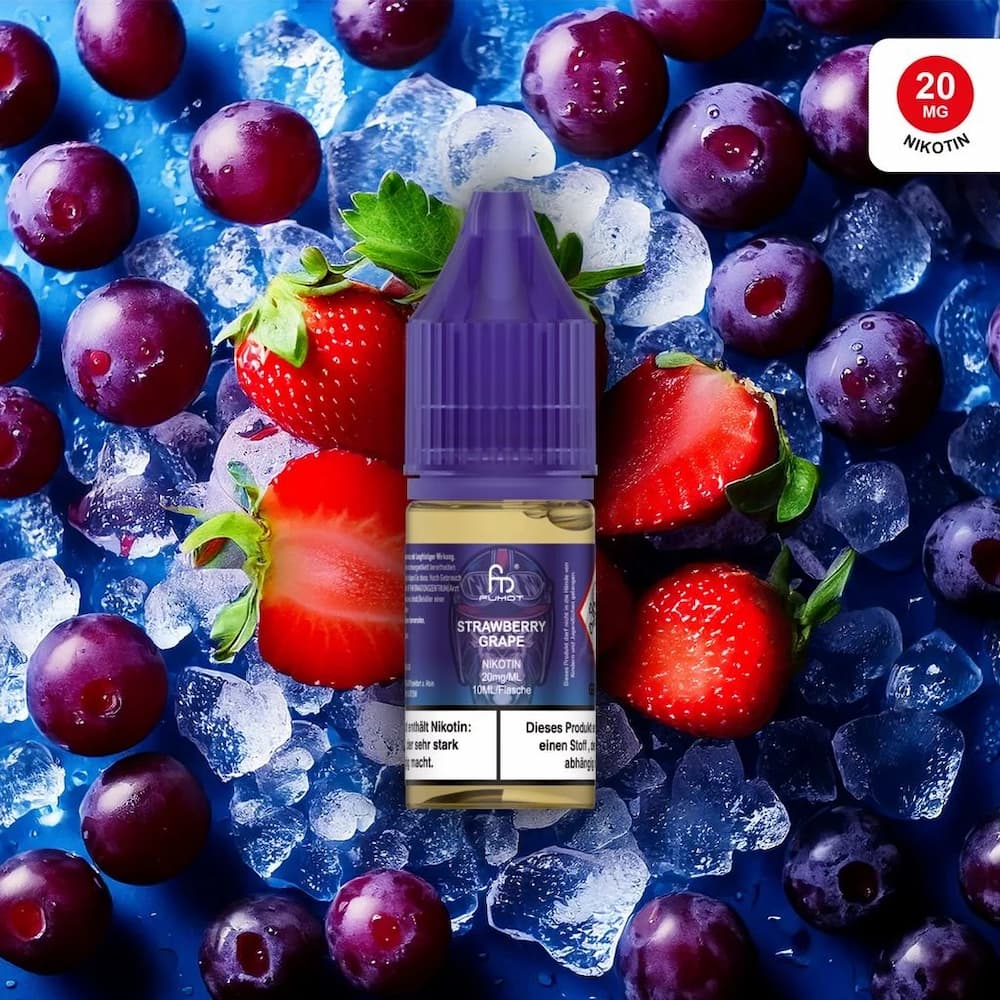 RandM Liquidflasche mit Erdbeeren und Trauben im Hintergrund