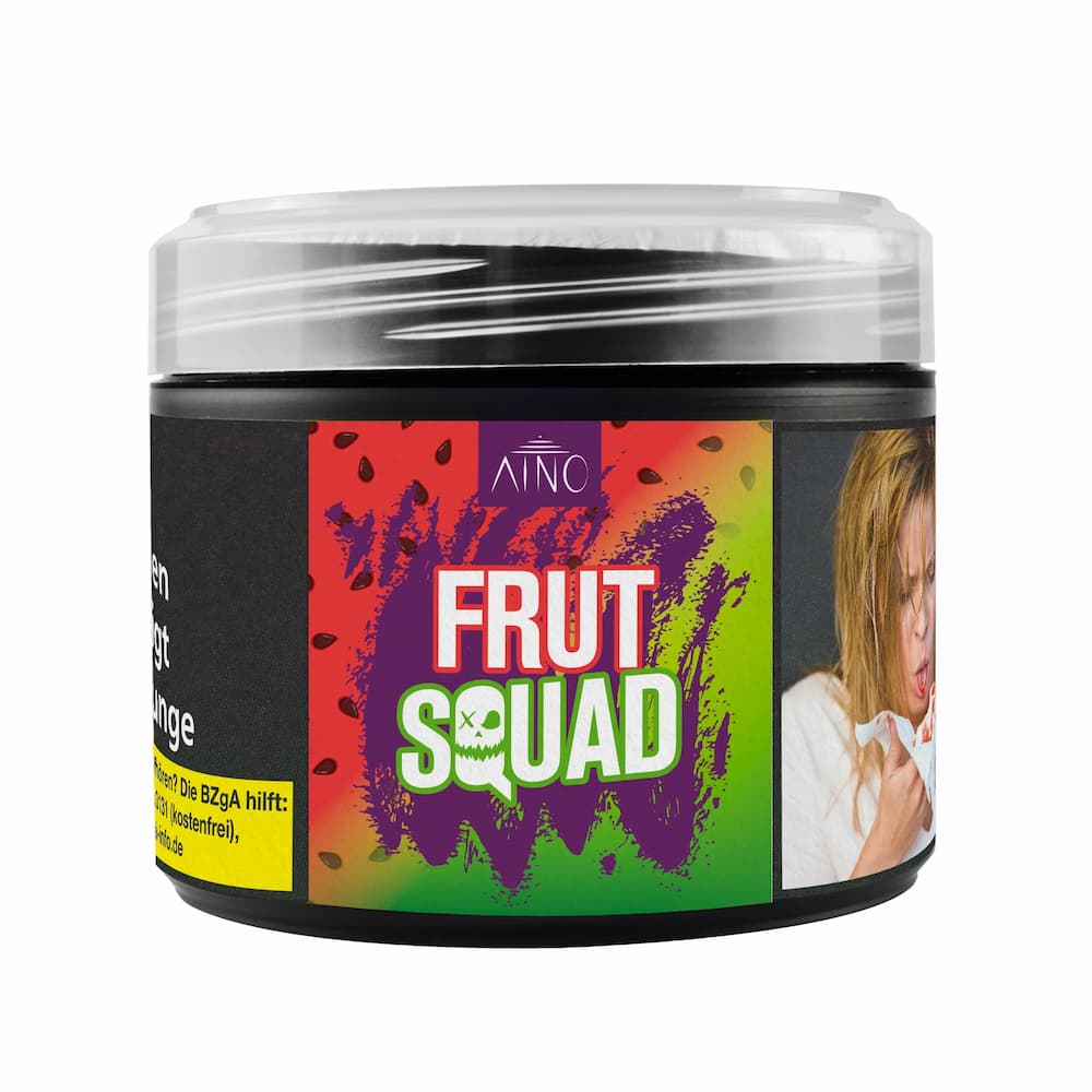 Aino Frut Squad 200g Shisha Tabak mit Geschmack von Wassermelone, schwarzer Johannisbeere, Limette und Ice-Note – fruchtig-frischer und kühler Shisha Tabak.