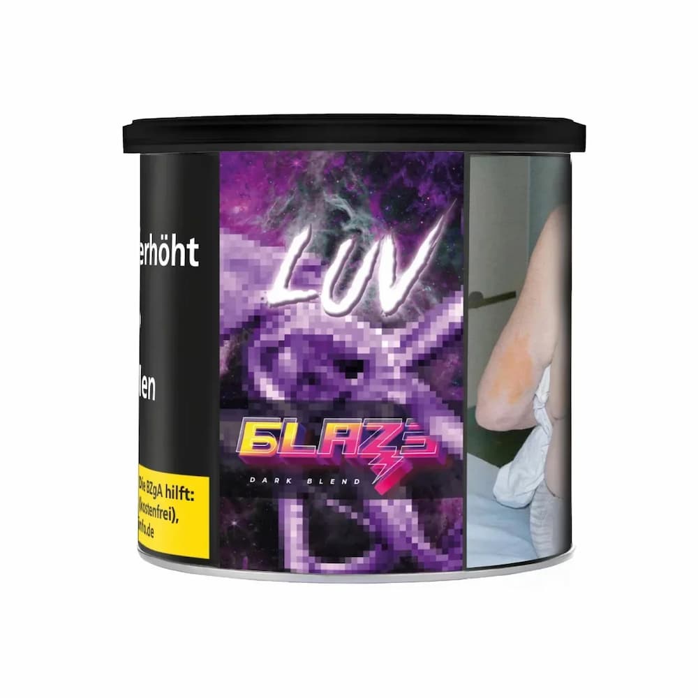 Blaze Dark Leaf Luv 200g Shisha-Tabak mit Kirsche und Blaubeere auf Verpackung