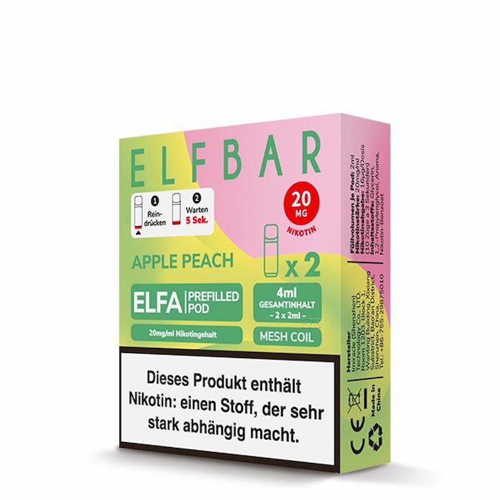 Elfbar ELFA Pod Apple Peach mit fruchtigem Apfel- und Pfirsich-Aroma, 2 ml Liquid, 20 mg/ml Nikotinsalz, kompatibel mit Elfbar ELFA Akku Kit.