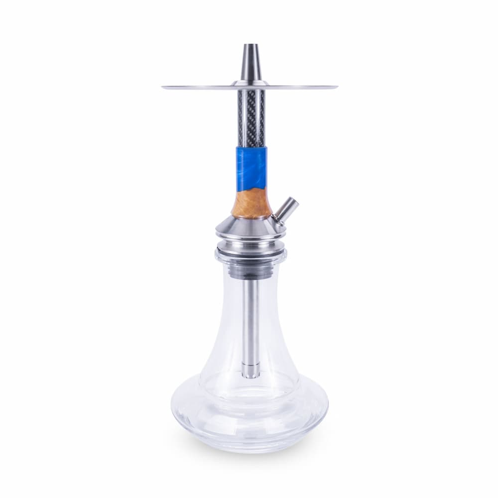 Vyro Penta Blue Clear Shisha mit futuristischem Design aus Edelstahl und Carbon, kompakt und ideal für mobile Shisha-Sessions