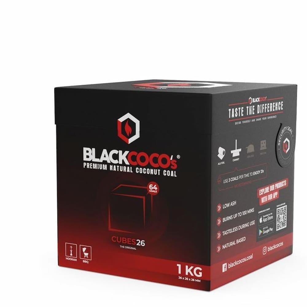 Black Cocos Shisha Kohle 1kg – Premium Kokosnussschalen Naturkohle, lange Brenndauer, geruchs- und geschmacksneutral, 26mm Würfel für Shisha