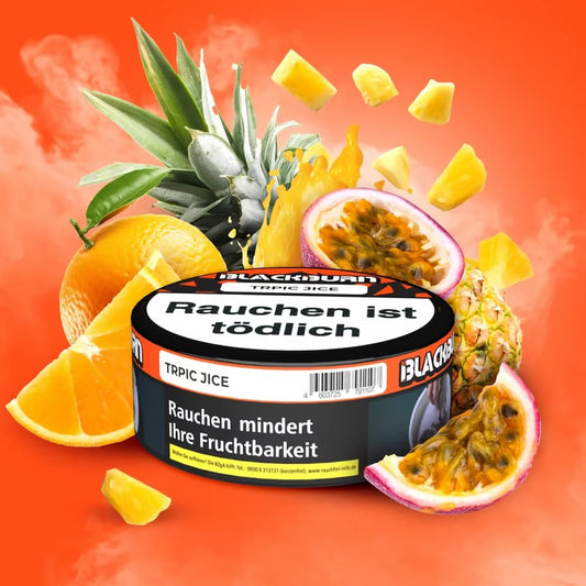 Blackburn Tobacco Tropic Jice 100g – Shisha-Tabak mit exotischem Fruchtmix aus Ananas, Passionsfrucht, Mandarine und Himbeere in stylischer Verpackung