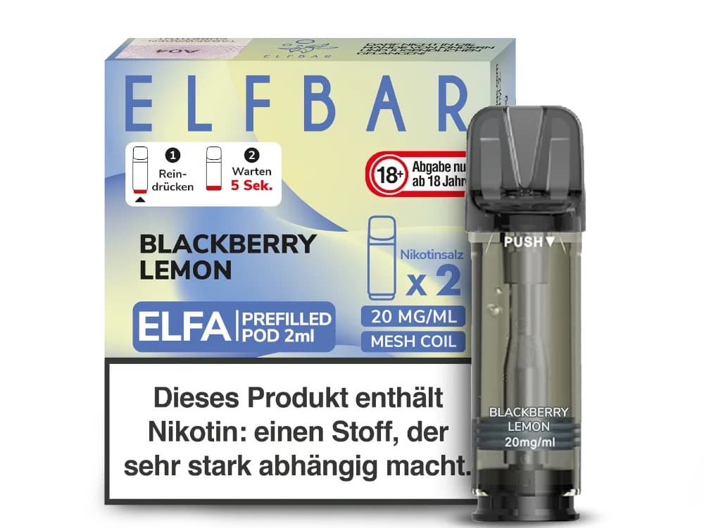 Elfbar ELFA Pod Blackberry Lemon – Nachfüllpods mit 20 mg Nikotinsalz, Geschmack: schwarze Johannisbeere & Zitrone, ca. 600 Züge, kompatibel mit ELFA & baugleichen Pod-Systemen.