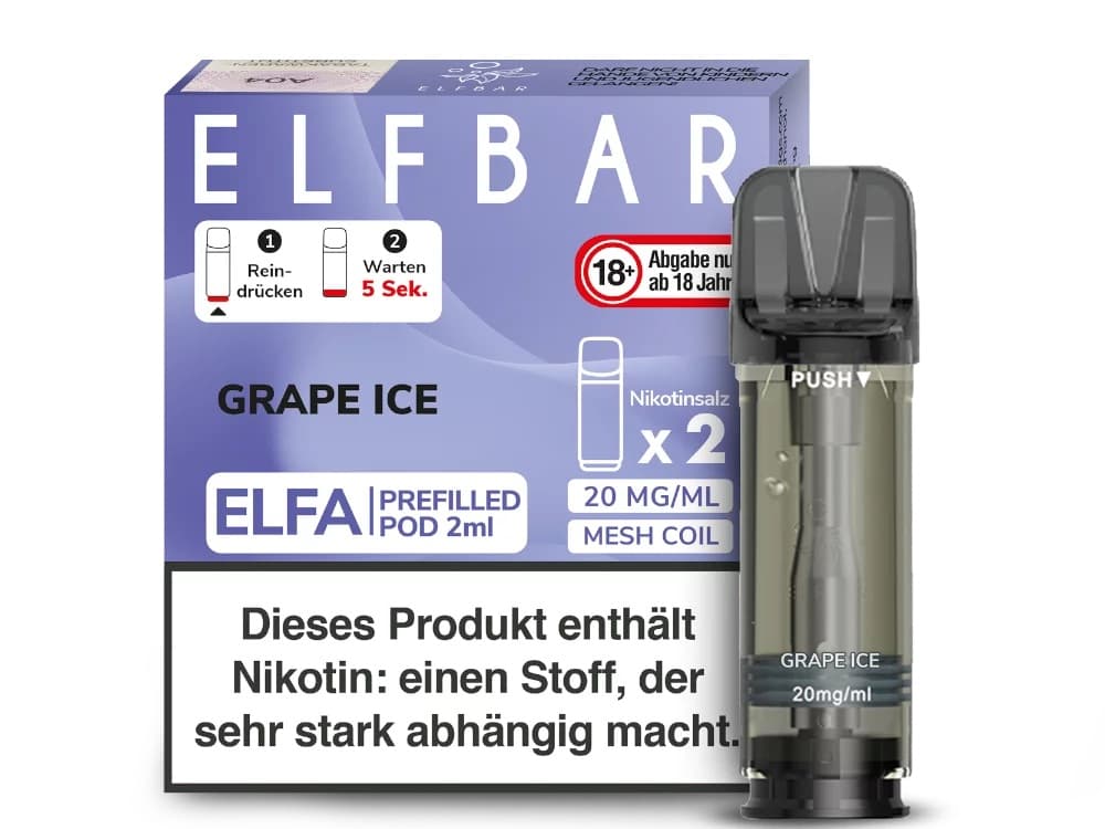 Elfbar ELFA Pod Grape Ice – 2er Nachfüll-Pod mit 20 mg Nikotinsalz, Geschmack: süße Traube & Ice, ca. 600 Züge, kompatibel mit ELFA und ähnlichen Pod-Systemen.