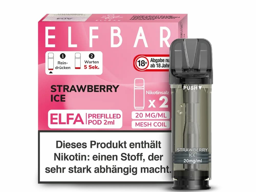 Elfbar ELFA Pod Strawberry Ice – 2er Nachfüll-Pod mit 20 mg Nikotinsalz, ca. 600 Züge, kompatibel mit ELFA und baugleichen Pod-Systemen, Geschmack: Erdbeere & Menthol.