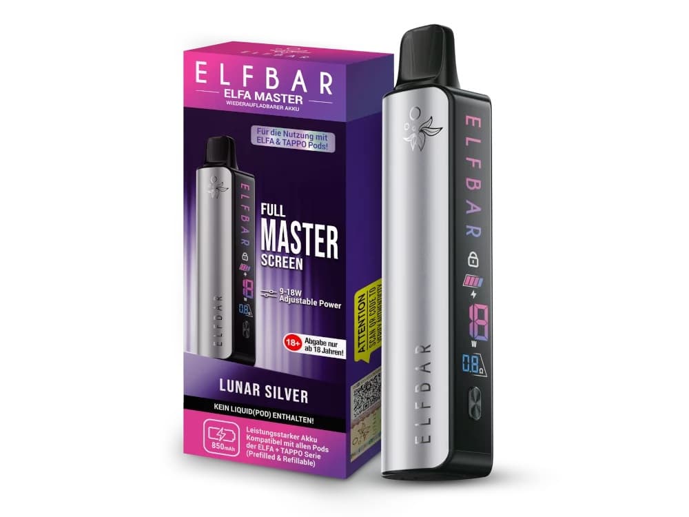 Elfbar ELFA Master Akku in Lunar Silver mit LED-Display – wiederaufladbare E-Zigarette mit 850 mAh Akku und Zugautomatik, kompatibel mit ELFA Pods.