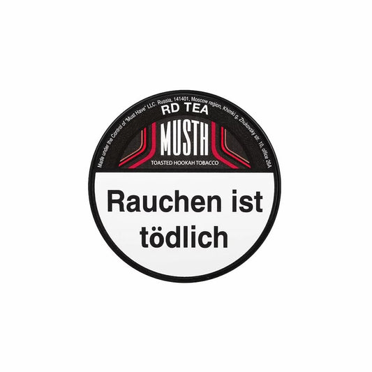 MustH Rd Tee 125g Shisha-Tabak mit rotem Früchte- und Teearoma in der Verpackung