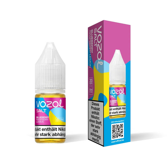 Vozol Salz-Liquid mit 20 mg/ml in der Geschmacksrichtung Blueberry-Raspberry-Lemon. Das E-Liquid ist in einer Flasche verpackt und eignet sich zum Dampfen.