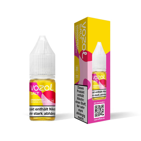 Flasche mit Vozol Schriftzug mit der Geschmacksrichtung Dragonfruit Banana Cherry. Das Aroma des Liquids ist auf der Flasche beschrieben
