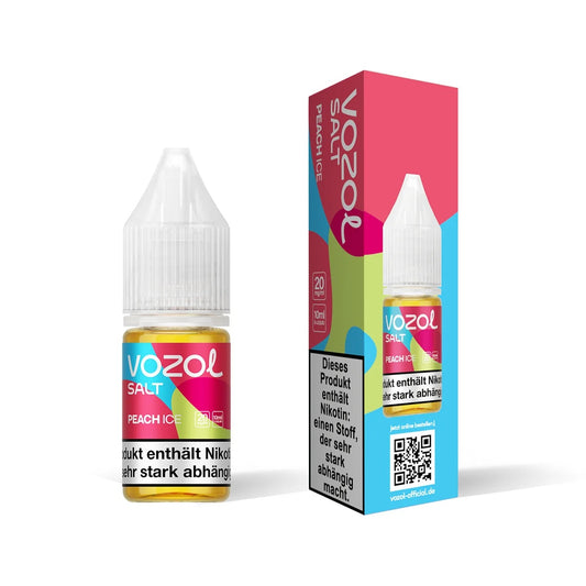 Vozol Salz Liquid mit einem Nikotingehalt von 20 mg/ml bietet ein erfrischendes Geschmackserlebnis mit dem fruchtigen Aroma von saftigen Pfirsichen, kombiniert mit einem kühlen Eis-Effekt