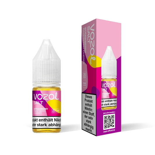 Vozol Salz-Liquid mit 20 mg/ml Nikotin, vereint die fruchtigen Aromen von saftiger Erdbeere, süßer Himbeere und reifer Kirsche für ein intensives Dampferlebnis. Ideal für Liebhaber fruchtiger Geschmäcker